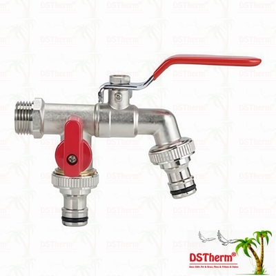 Acciaio economico a doppia uscita, rubinetto nickellato con maniglia rossa 1/2"*3/4"*3/4"
