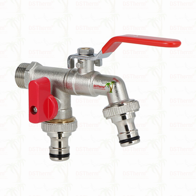 Acciaio economico a doppia uscita, rubinetto nickellato con maniglia rossa 1/2"*3/4"*3/4"