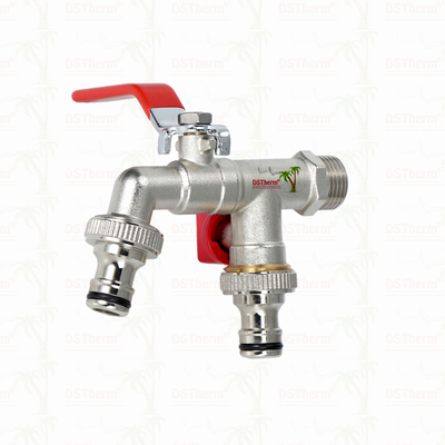 Acciaio economico a doppia uscita, rubinetto nickellato con maniglia rossa 1/2"*3/4"*3/4"